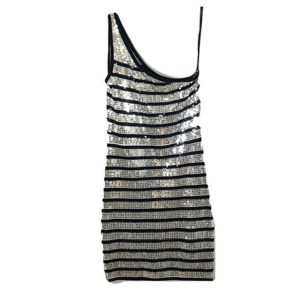 Women's Bebe White & Black Sequins Body Con Evening Party Dress Size Small